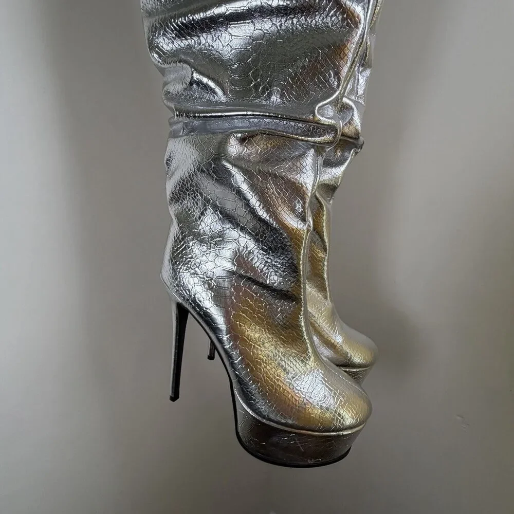 Womens Stiletto Thigh High Boots Slouched High Heel Platform Round Toe Sz 12 42